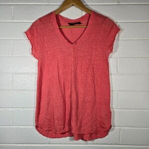 Tahari 100% Linen V-Neck T-Shirt Large Coral Pink Top Casual Staple Spring Cap
